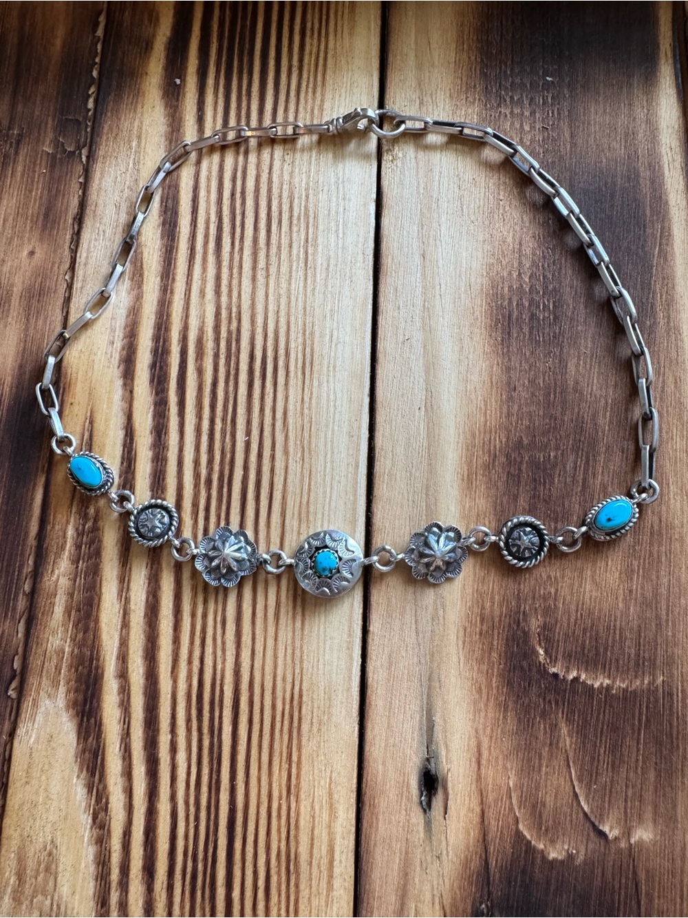 Sterling Silver Turquoise Floral Concho Necklace Choker